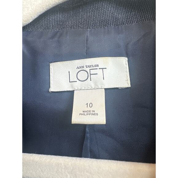 Loft Navy Blue Button Down Blazer, Elbow Length Sleeves Cotton Blend with Belt - Picture 2 of 7